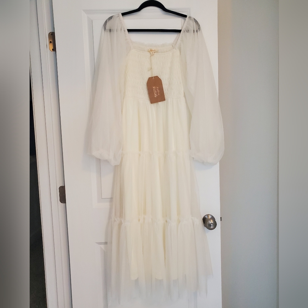 Cream Mesh Tiered Long Sleeve Maternity Maxi Dress